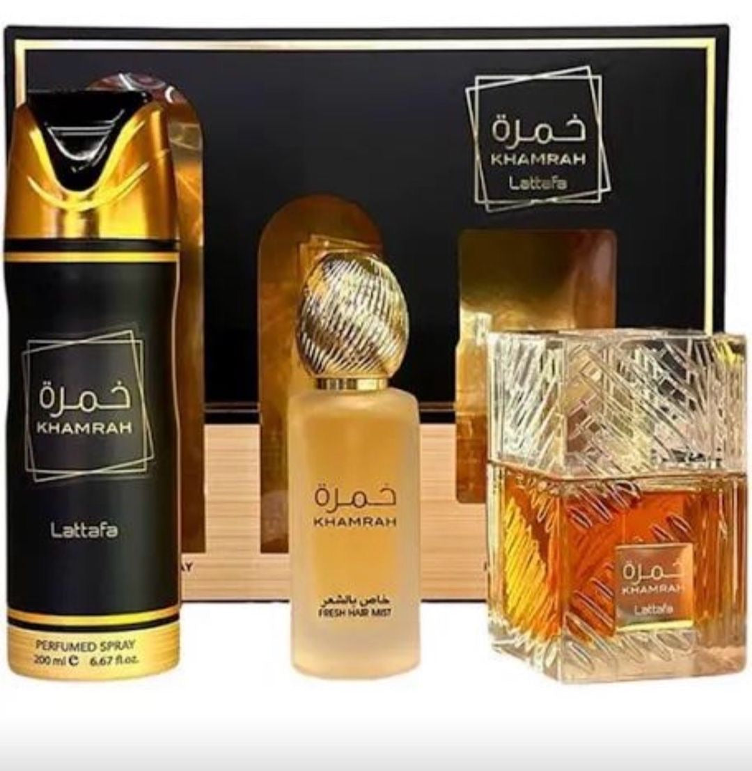 Lattafa Khamrah Gift Set 3 Piezas – Eau de Parfum + Body Mist + Desodorante Spray